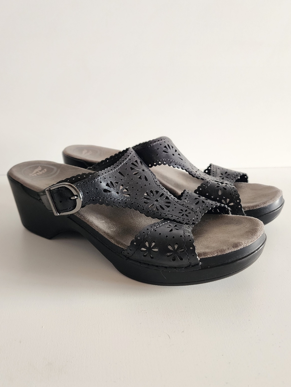 Dansko Black Leather Cutout Heeled Sandals  Size 41